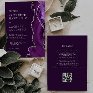 Invitation Code QR Mariage Prune Argent Agate Violet Élégant