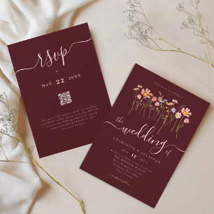 Invitation Code QR Mariage Rose Poudré Bourgogne Fleur Sauvag