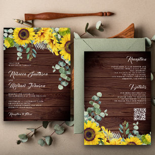 Invitation Code QR Mariage Tournesols Eucalyptus Bois Rustiqu