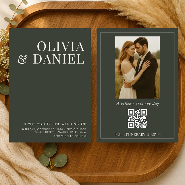 Invitation Code QR Mariage Vert Olive Minimaliste Photo (Créateur téléchargé)