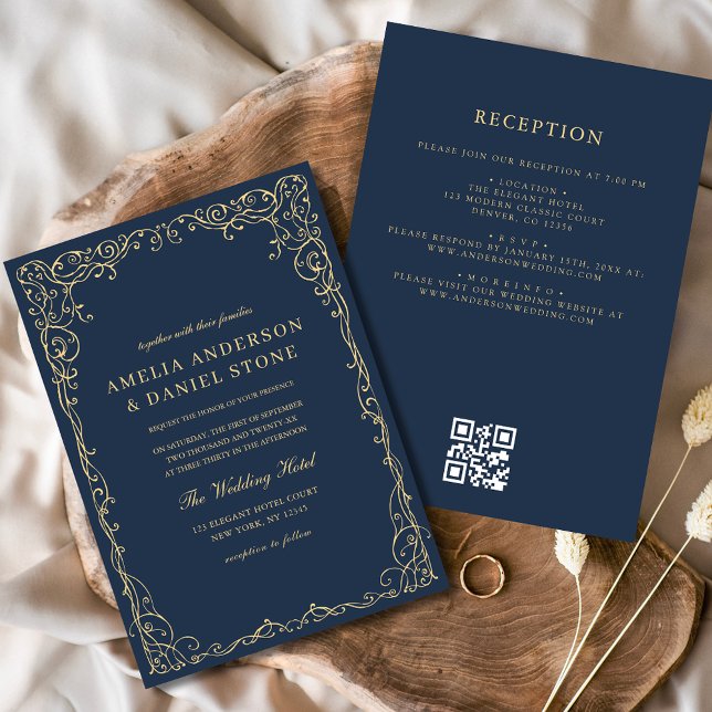 Invitation Code QR Marine Blue Gold Minimal Mariage (Créateur téléchargé)