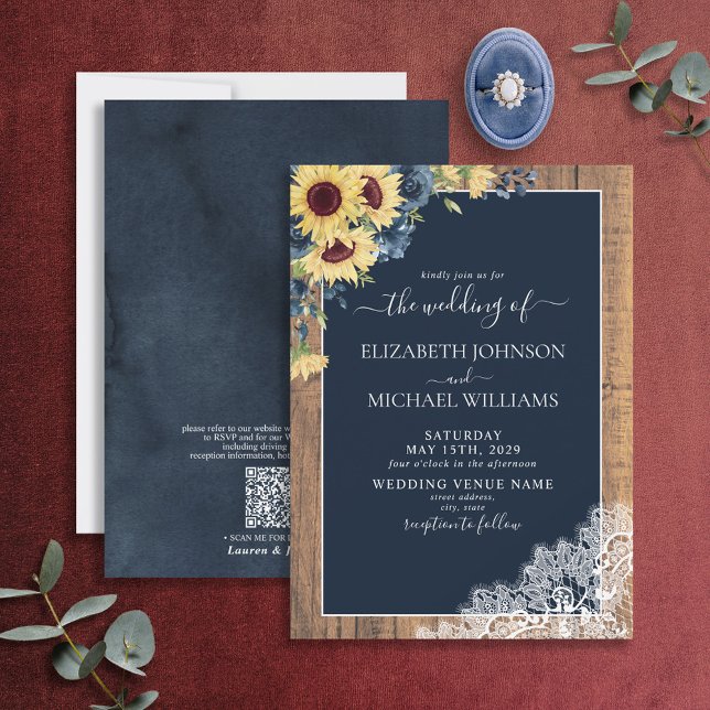 Invitation Code QR Marine Blue Sunflower Lace Script Mariage (Créateur téléchargé)