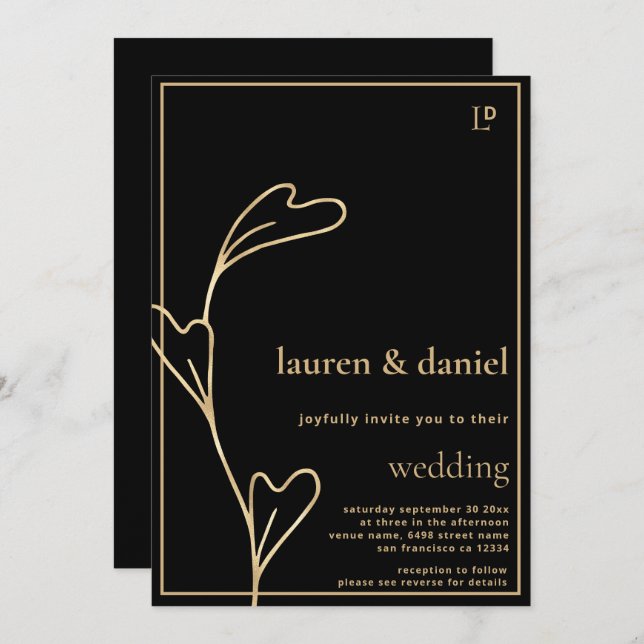 Invitation Code QR minimal Mariage noir et or (Devant / Derrière)
