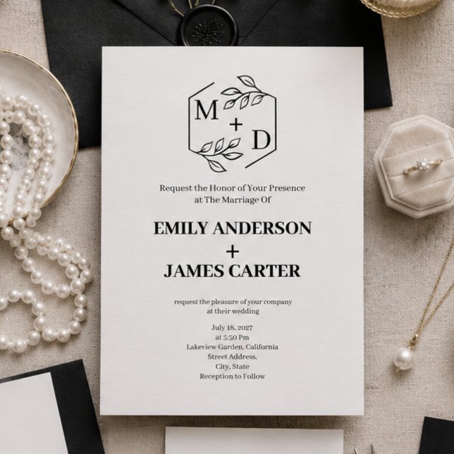 Invitation Code QR Minimal Monogramme Botanique Mariage  (black and white monogram elegant wedding invitation)