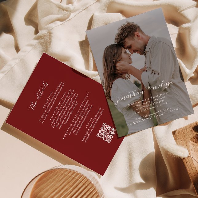 Invitation Code QR Modern Cranberry Red Photo Script Mariage (Créateur téléchargé)