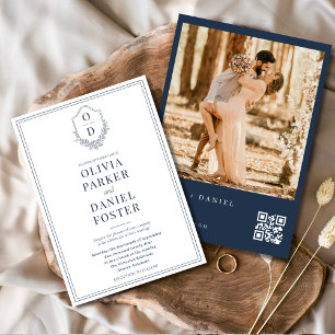 Invitation Code QR moderne Crest Marine Blue Photo Mariage