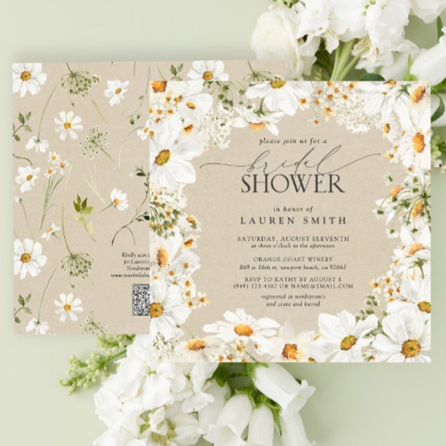 Invitation Code QR moderne Elegant Daisy Fête des mariées rus (QR Code Bridal Shower Invitation)