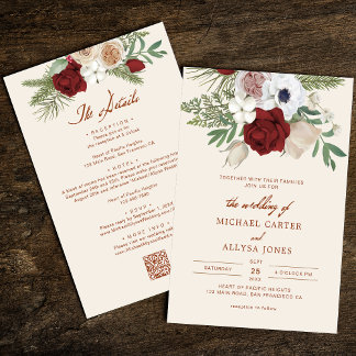 Invitation Code QR moderne Mariage budgétaire beige et rouge 