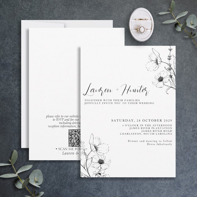 Invitation Code QR Moderne Mariage Floral Noir Blanc (Créateur téléchargé)