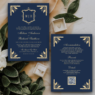 Invitation Code QR Monogramme Gold Crest Bleu Nuit Mariage