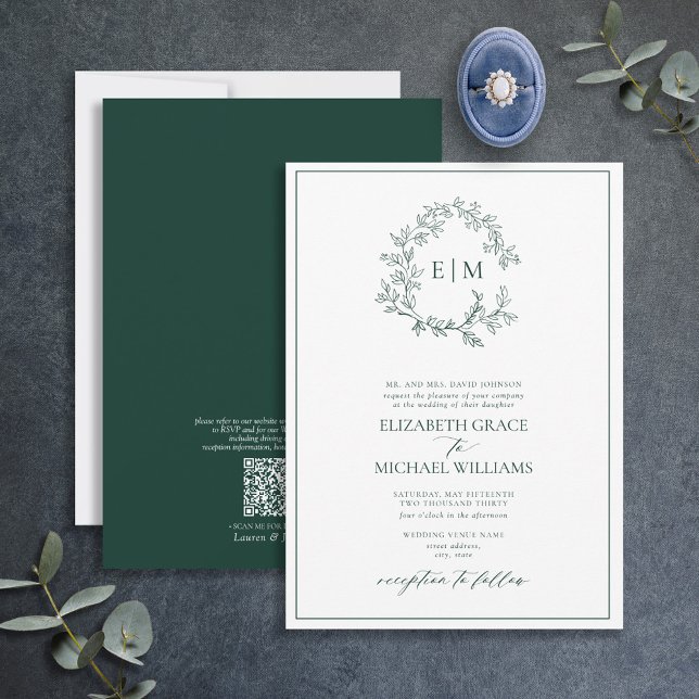 Invitation Code QR Monogramme officiel Emerald Green Leafy Cr (Créateur téléchargé)