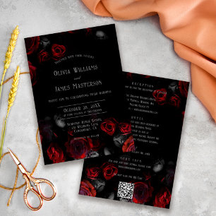 Invitation Code QR Noir et Rouge Floral Tout en Un Mariage