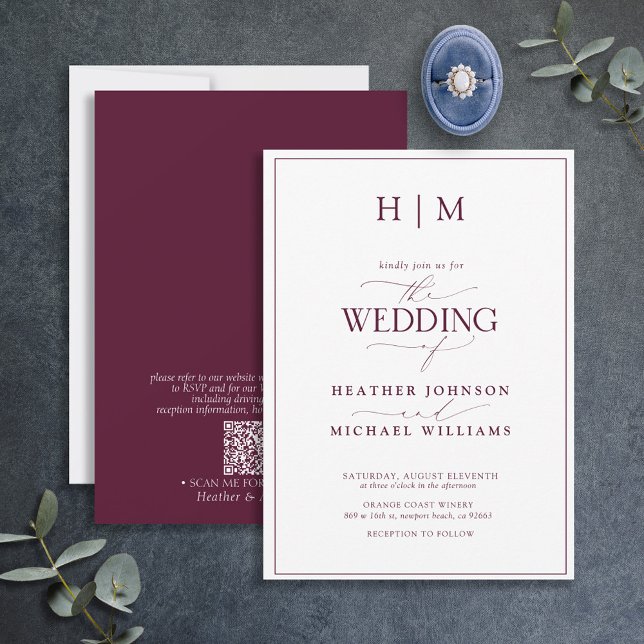 Invitation Code QR officiel Bourgogne Monogramme Mariage de s (Créateur téléchargé)