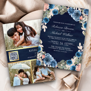 Invitation Code QR photo floral rose mariage bleu foncé