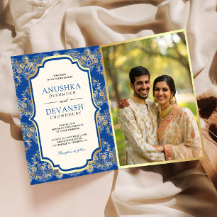 Invitation Code QR Photo Mariage Indien Broderie Or Bleu Roya