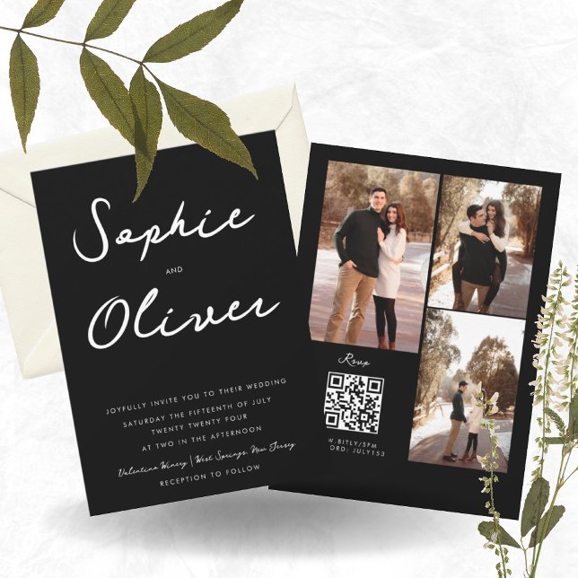 Invitation Code QR photo noir minimaliste tout en un Mariage (Créateur téléchargé)