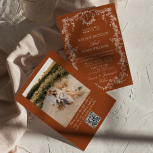 Invitation Code QR photo orange brûlé floral Mariage bohème