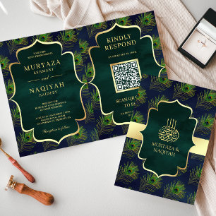 Invitation Code QR Plumes de Paon Bleu Vert Mariage Musulman