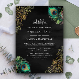 Invitation Code QR Plumes de Paon Mariage Musulman Noir