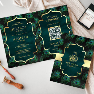 Invitation Code QR Plumes de Paon Noir Sarcelle Mariage Musul