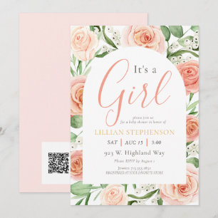 Invitation Code QR pour Baby Shower Rose Florale Fille Rose P