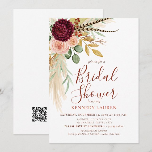 Invitation Code QR pour une Fête de Mariage Bohème Florale av (Devant / Derrière)