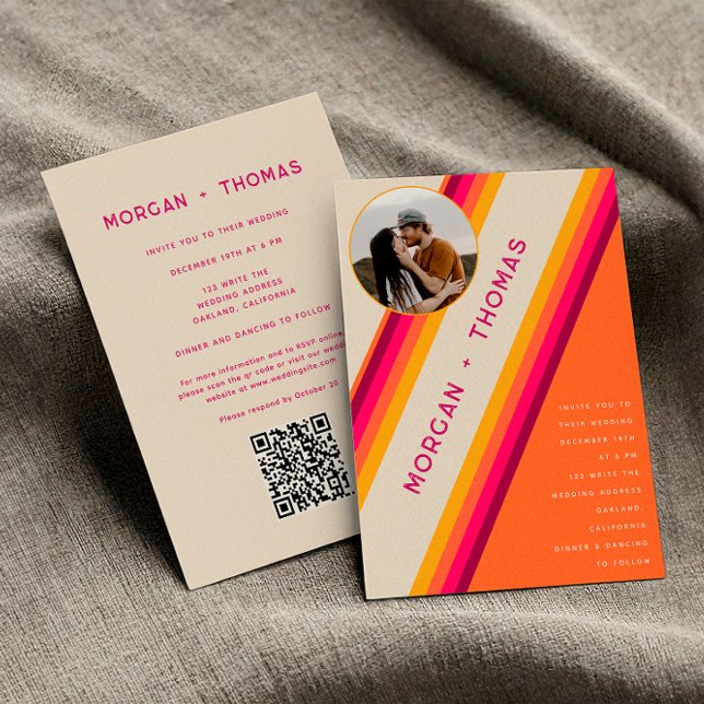 Invitation Code QR Rétro Années 70 80 Mariage Rose Orange Jau (Front / Back)