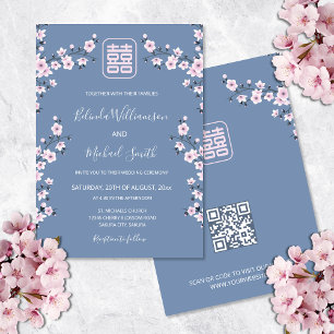 Invitation Code QR Rose Poussiéreux Bleu Fleur   Mariage Chin