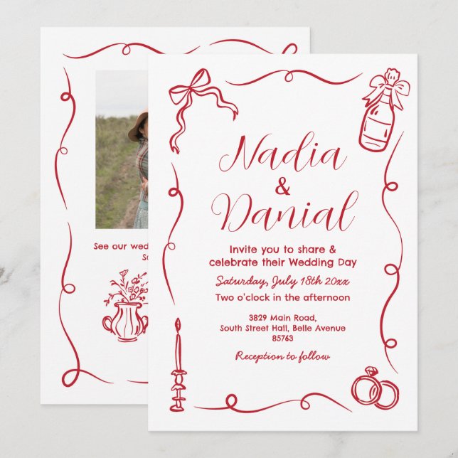 Invitation Code QR rouge blanc tiré à la main du mariage (Devant / Derrière)
