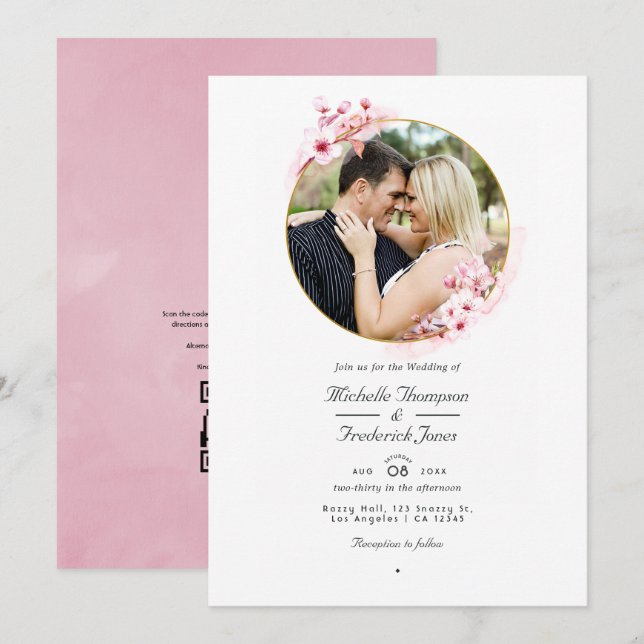 Invitation Code QR RSVP Mariage Géométrique rose cerisier (Devant / Derrière)