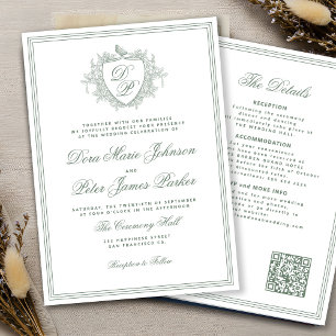 Invitation Code QR sage vert blason monogramme mariage