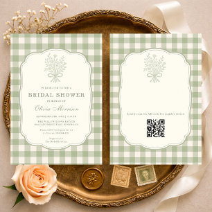 Invitation Code QR Sage Vert Gingham Floral Baby Shower de Ma