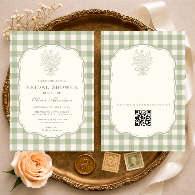 Invitation Code QR Sage Vert Gingham Floral Baby Shower de Ma (Créateur téléchargé)