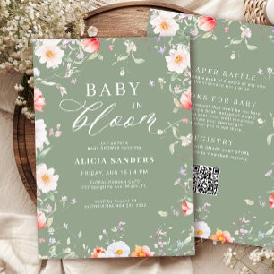 Invitation Code QR sage vert sauvage en fleurs pour baby show