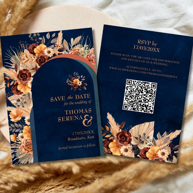 Invitation Code QR Save The Date Herbe des Pampas Bleu Marine (Créateur téléchargé)