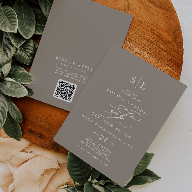 Invitation Code QR SOPHIA Mariage Bohème Taupe Tout En Un (SOPHIA QR Code Boho Chic Taupe All In One Wedding Invitation)