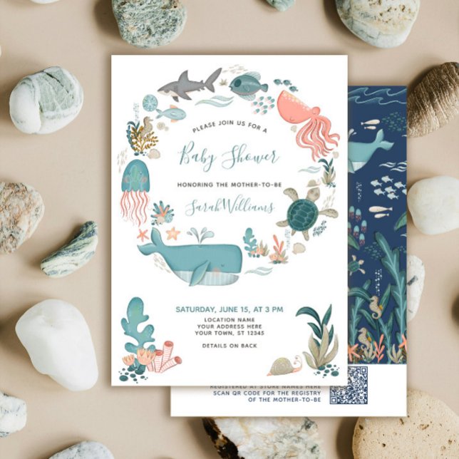 Invitation Code QR sous le Baby shower d'aquarelle bleu marin (Créateur téléchargé)
