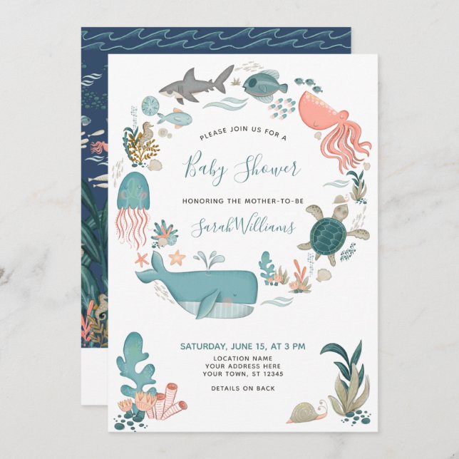 Invitation Code QR sous le Baby shower d'aquarelle bleu marin (Devant / Derrière)
