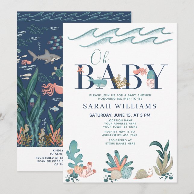 Invitation Code QR sous le Baby shower d'aquarelle marine Oh (Devant / Derrière)