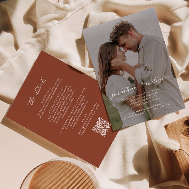 Invitation Code QR Terracotta Photo Overlay Script Mariage (Créateur téléchargé)
