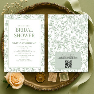 Invitation Code QR Toile de Jouy Vert Sauge pour Baby Shower