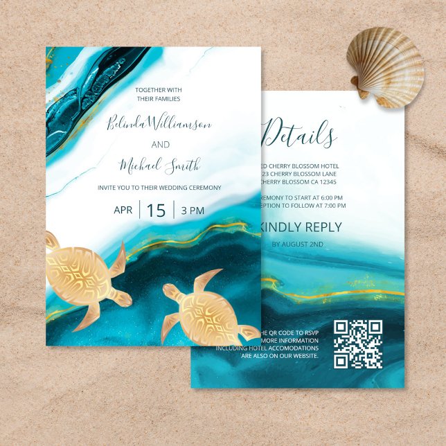 Invitation Code QR | Tortues d'or Turquoise Enk Agate Mariage (Créateur téléchargé)