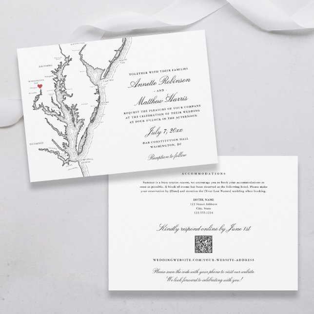 Invitation Code QR tout-en-un Baltimore Maryland Mariage RSVP (Black and White Baltimore Wedding Invitations all-in-one with QR code RSVP and Chesapeake Bay map)