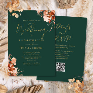 Invitation Code QR vert émeraude et or pour mariage d'automne