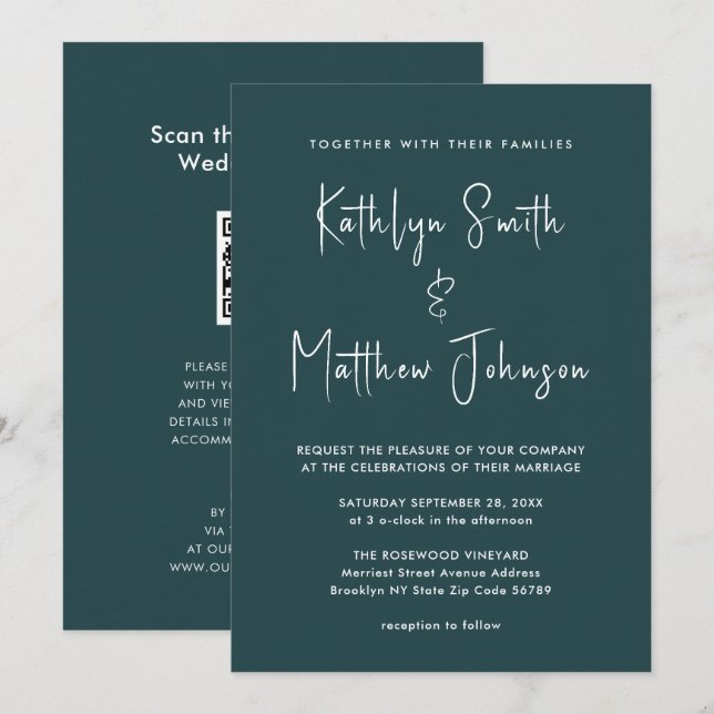 Invitation Code QR vert tout en un Mariage de script moderne (Devant / Derrière)