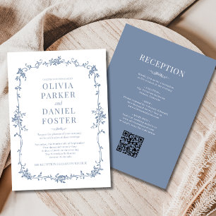 Invitation Code QR Victorien Tout en Un Mariage Bleu Poussiér