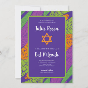 Invitation Code QR violet et vert pour Bat Mitzvah rétro