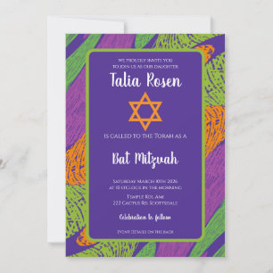 Invitation Code QR violet et vert pour Bat Mitzvah rétro 