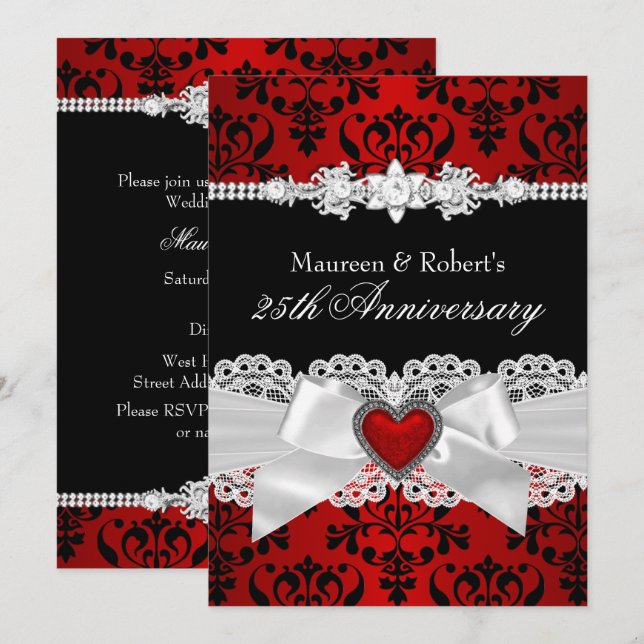 Invitation Cœur à nœud en damas noir rouge 25e anniversaire (Devant / Derrière)