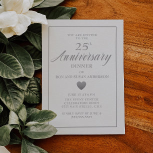 Invitation Cœur Argenté Blanc 25e Anniversaire de Mariage